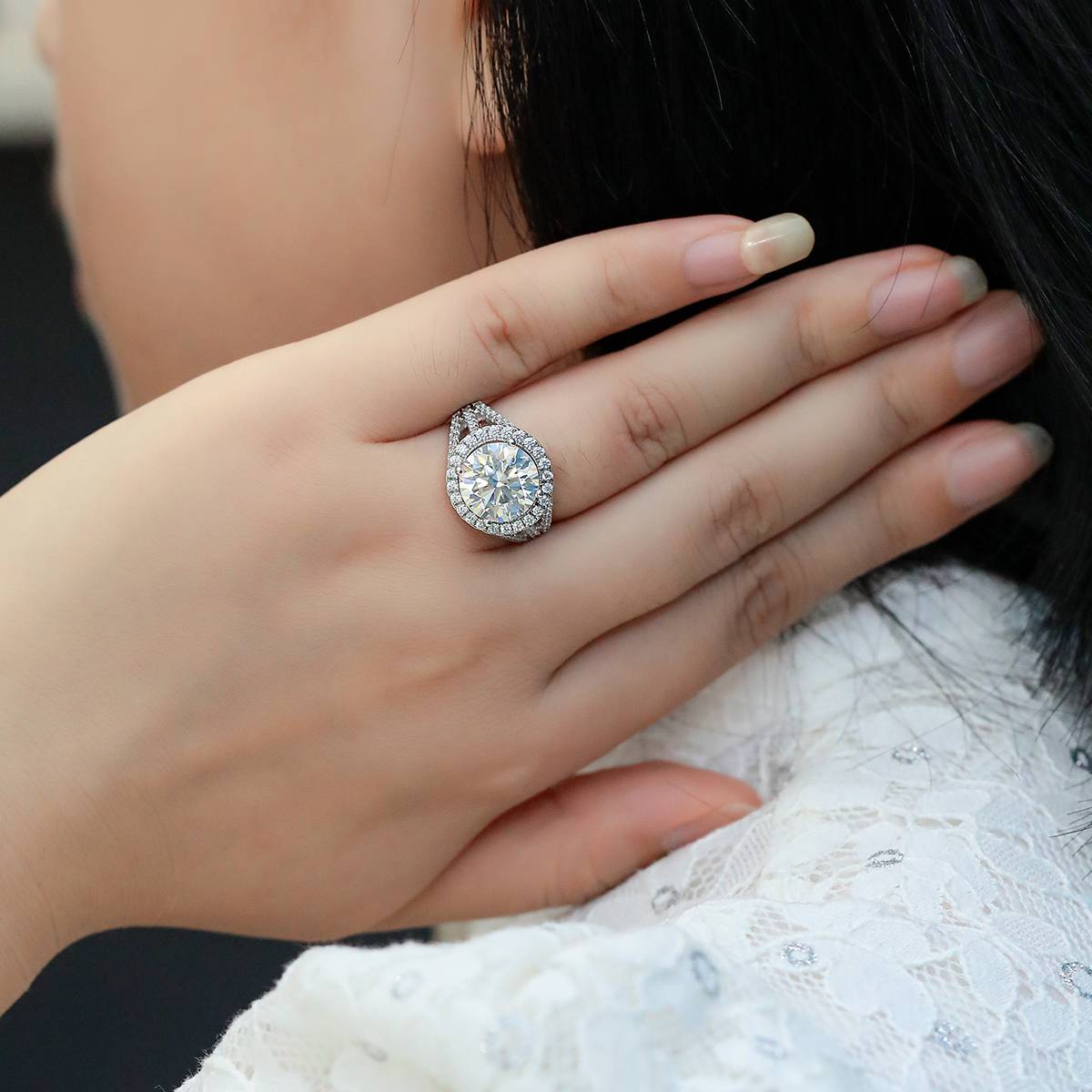 Classic round bag S925 silver plated white gold moissanite diamond women's ring 5.0 carats D-class